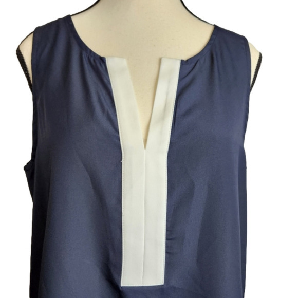 Tank Blouse Navy and White Blouse sleeveless Size L ELLEN TRACY - Picture 2 of 10